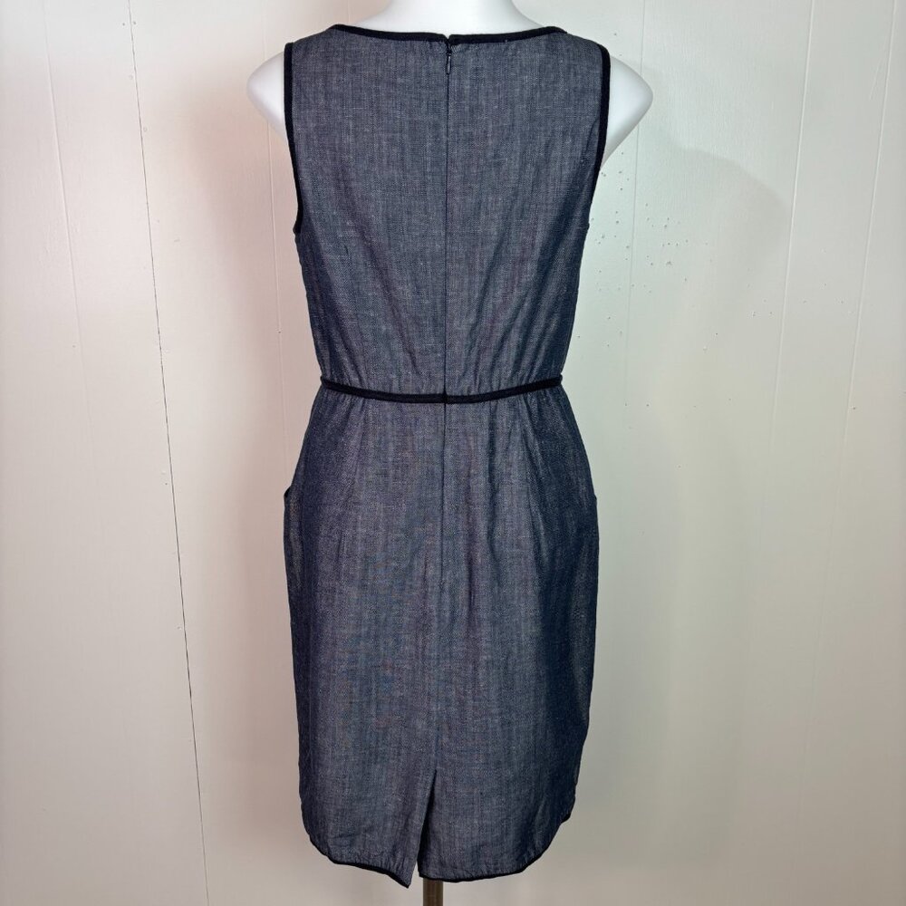 Ann Taylor Sheath Dress 0 Navy Blue Chambray Sleeveless V-Neck Pockets Women's - Picture 5 of 11